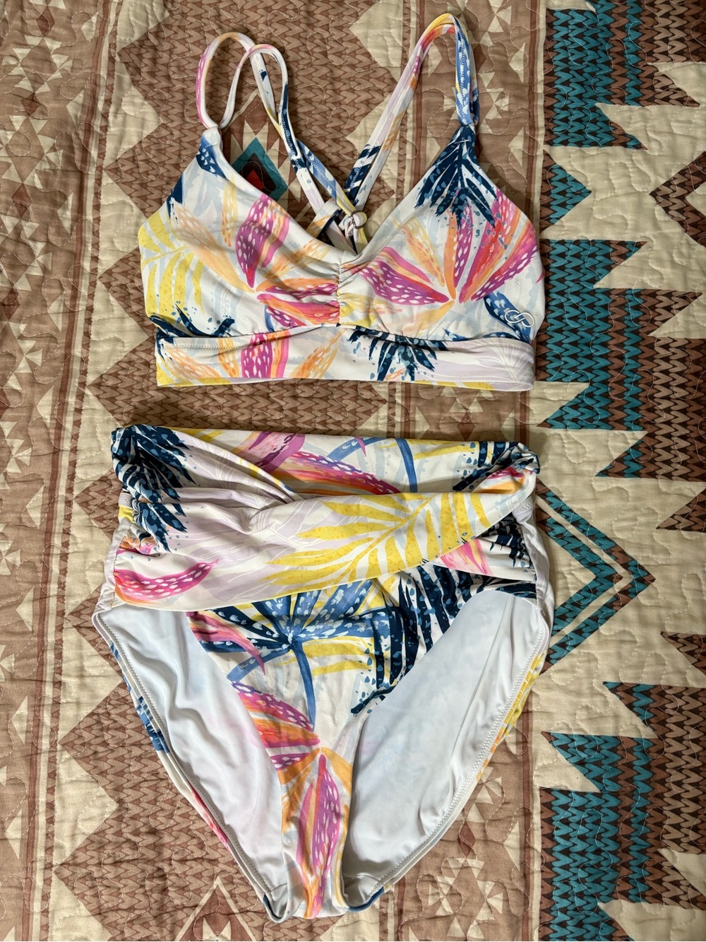 CALIA by Carrie Underwood White Multi Tropical-Print High-Waist Bikini